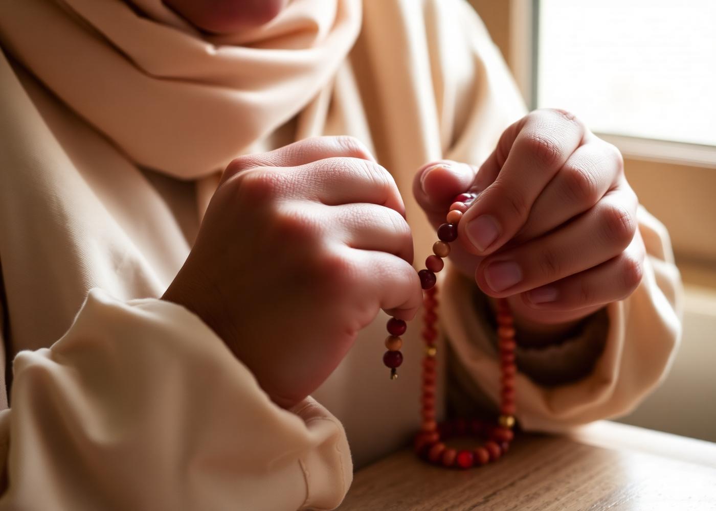Amoura's hands stringing prayer beads by a window